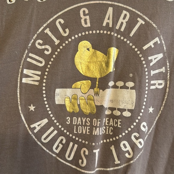 Brown and Gold Woodstock Distressed Graphic Cropped T-Shirt Large - Picture 2 of 5
